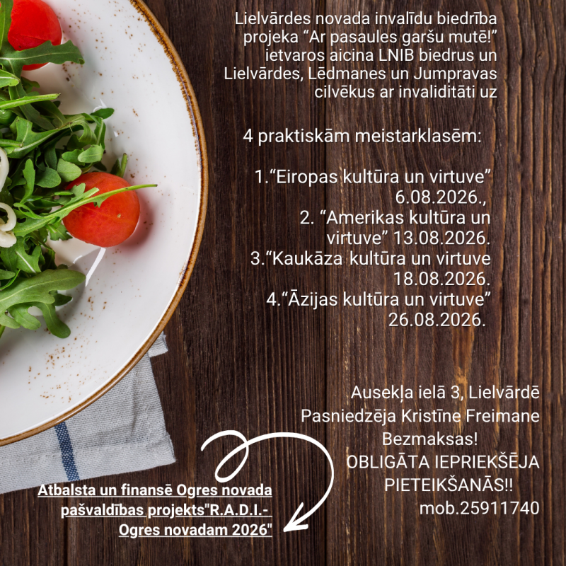 Afiša ar informāciju par meistarklašu ciklu, fona attēlā - šķīvis ar zaļo lapu salātiem uz koka galda virsmas
