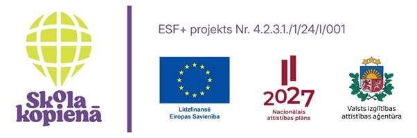 Logo rinda, ko veido vairāki logo - "Skola kopienā", "Līdzfinansē Eiropas Savienība", "Nacionālais Attīstības plāns" un "Valsts izglītības attīstības aģentūra"