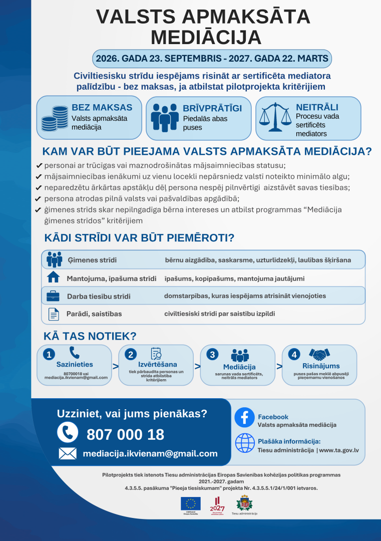 Līdz 2027.gada 22.martam Latvijas iedzīvotājiem ir iespēja saņemt valsts apmaksātu konsultāciju par mediāciju un valsts apmaksātu mediāciju civiltiesisku strīdu risināšanai. 