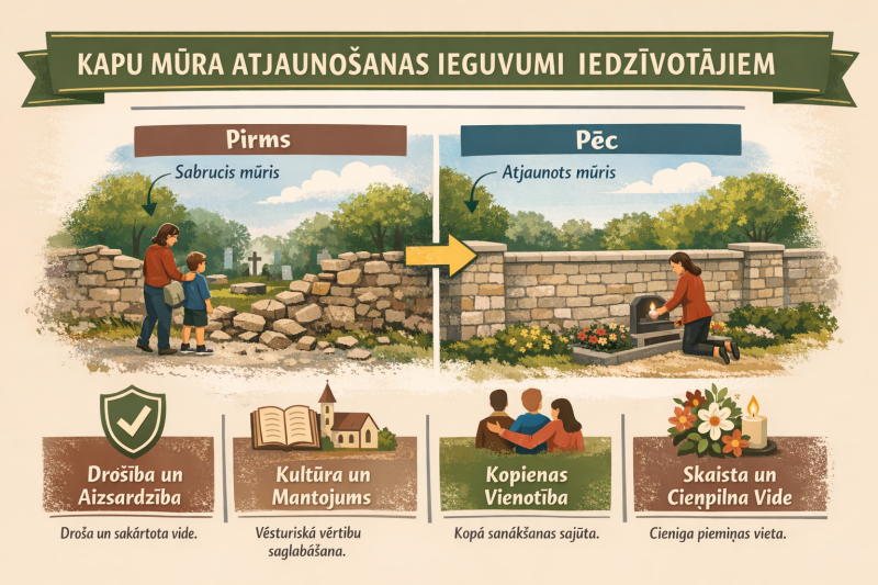 Vizuālizācija - Meņģeles kapu mūra atjaunošanas ieguvumi iedzīvotājiem