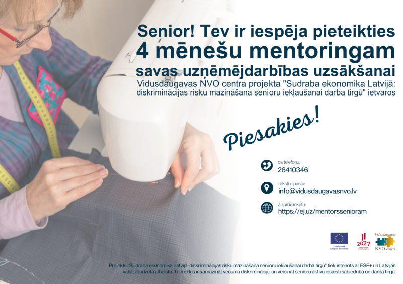 Aicinājums senioriem piedalīties bezmaksas mentoringa programmā uzņēmējdarbības uzsākšanai un attīstīšanai!