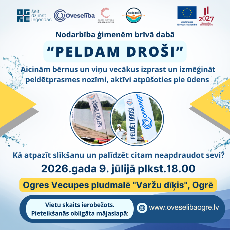 Oveselība aicina vecākus kopā ar bērniem izprast un izmēģināt peldētprasmes nozīmi aktīvi atpūšoties pie ūdens nodarbībā “Peldam droši”, kas notiks 9. jūlijā plkst. 18.00 Ogres Vecupes pludmalē “Varžu dīķis”.