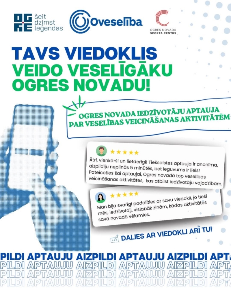 Oveselība aicina aizpildīt Ogres novada iedzīvotāju aptauju par veselības veicināšanas aktivitātēm.