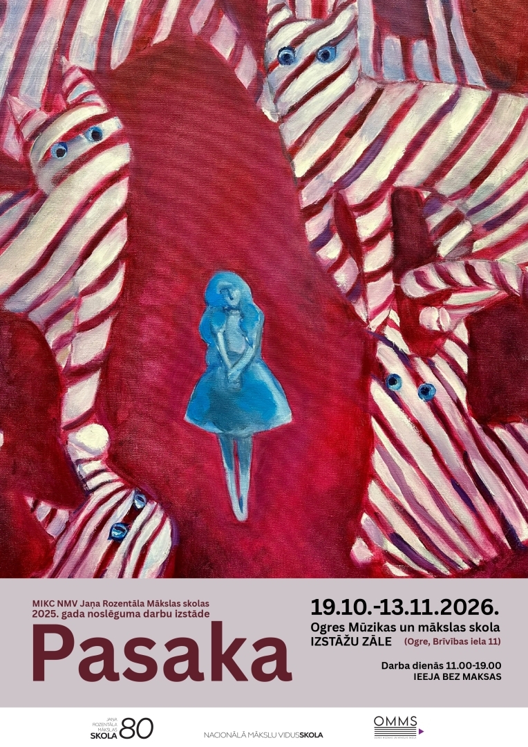 No 19. oktobra līdz 13. novembrim OMMS izstāžu zālē izstādīta MIKC NMV Jaņa Rozentāla Mākslas skolas 5. klases jauniešu noslēguma darbu izstāde PASAKA.
