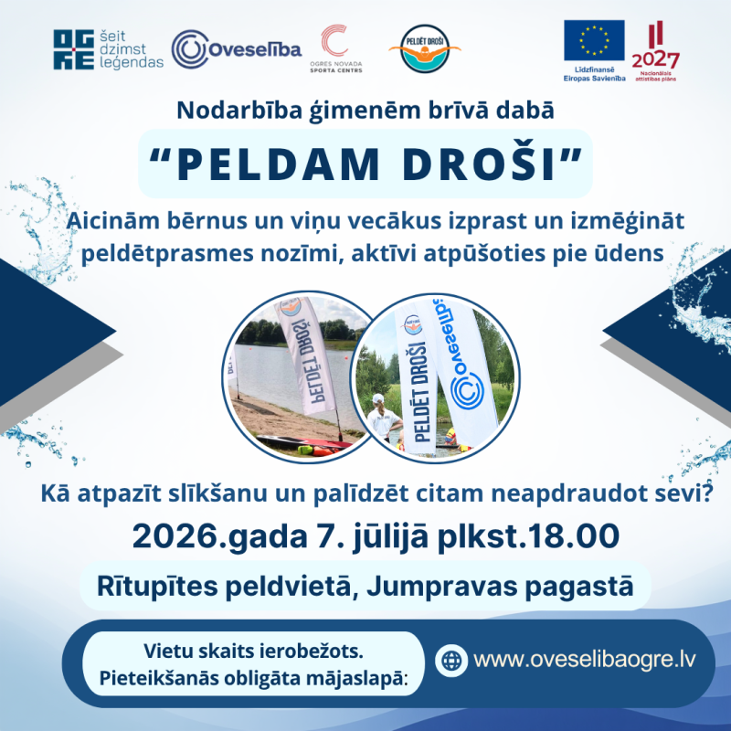 Oveselība aicina vecākus kopā ar bērniem izprast un izmēģināt peldētprasmes nozīmi aktīvi atpūšoties pie ūdens nodarbībā “Peldam droši”, kas notiks 7.jūlijā plkst. 18.00 Jumpravas pagastā, Rītupītes peldvietā.  