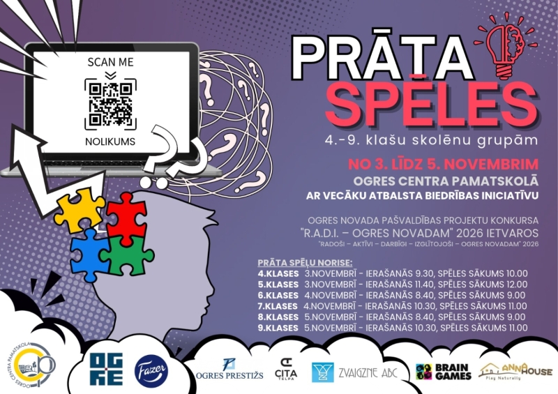 Afiša "Prāta spēles 4.-9. klašu skolēnu grupām no 3. līdz 5. novembrim Ogres Centra pamatskolā"