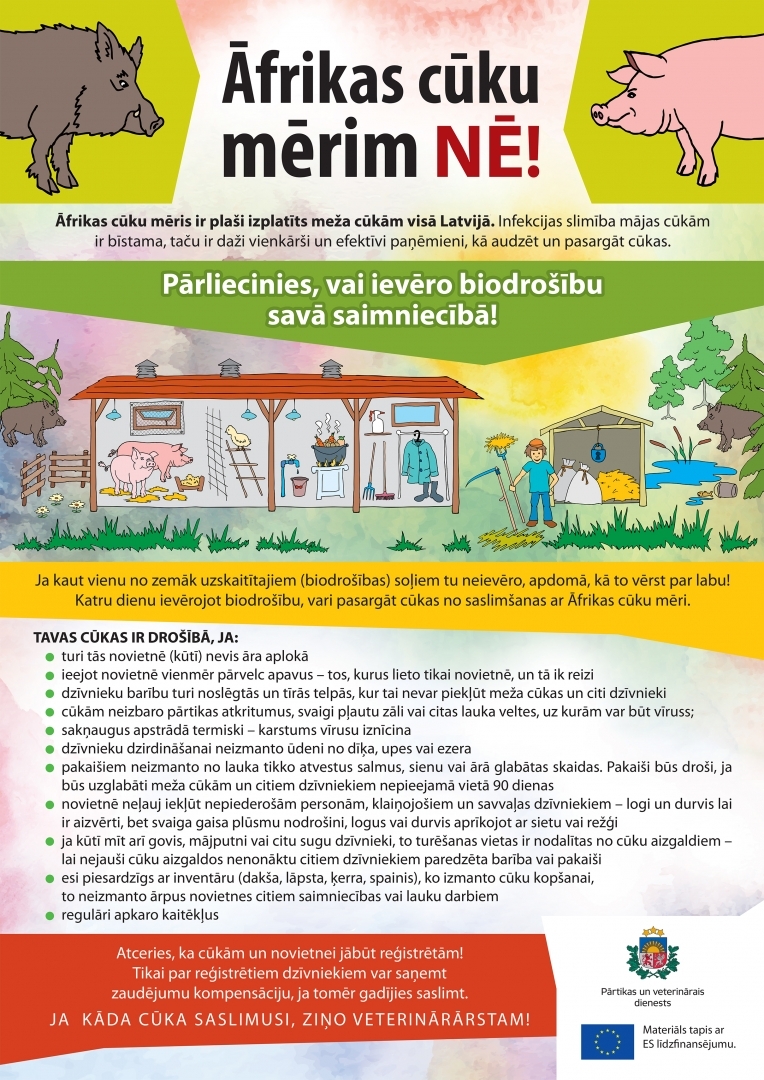 Afiša: "Āfrikas cūku mērim NĒ!" ar padomiem biodrošības ievērošanai saimniecībā