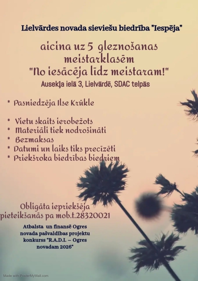 10. jūlijā plkst. 15.00 Lielvārdē, Ausekļa ielā 3, SDAC telpās notiks gleznošanas meistarklašu cikla "No iesācēja līdz meistaram!" 1. nodarbība.   Tā kā vietu skaits ir ierobežots, pieteikšanās ir OBLIGĀTA, rakstot ziņu watsapp 28320021.  Organizē Lielvārdes novada sieviešu biedrība "Iespēja", pateicoties Ogres novada pašvaldības projektu konkursā “Radoši – Aktīvi – Darbīgi – Izglītojoši – Ogres novadam” (“R.A.D.I. – Ogres novadam”) iegūtajam finansējumam.