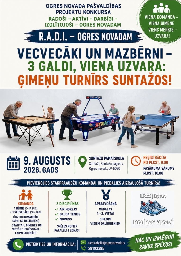9. augustā plkst. 10.00 Suntažu pamatskolā ģimeņu turnīrs! Vecvecāki un mazbērni – 3 galdi, viena uzvara! Reģistrācija no plkst. 9.00  Aicinām vecvecākus un mazbērnus veidot kopīgu komandu un piedalīties aizraujošā starppaaudžu turnīrā. Tā ir lieliska iespēja aktīvi pavadīt laiku kopā, stiprināt ģimenes saikni, gūt pozitīvas emocijas un pārbaudīt savas prasmes draudzīgā sacensību gaisotnē.