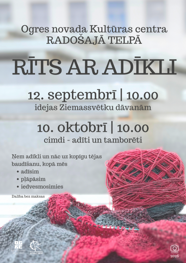 12. septembrī plkst. 10.00 Ogres novada Kultūras centra Radošajā telpā   RĪTS AR ADĪKLI  12. septembra tēma -&nbsp;idejas Ziemassvētku dāvanām un rotājumiem Ieteicams ņemt līdzi tamboradatu un dziju - kopīgi uzmeistarosim sniegpārsliņas Iespēja satikt domubiedrus/rokdarbniekus, dalīties pieredzē un idejās Pasākumu vadīs tautas lietišķās mākslas studijas SAIVA vadītāja Santa Grinberga