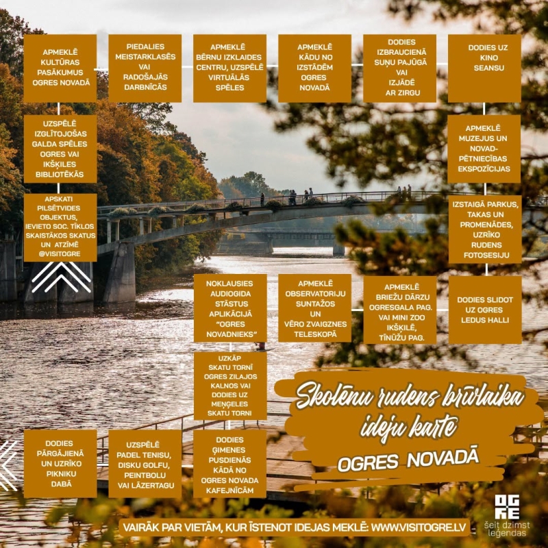 Idejas, ko darīt rudens brīvlaikā Ogres novadā. Pilna informācija atrodama www.visitogre.lv