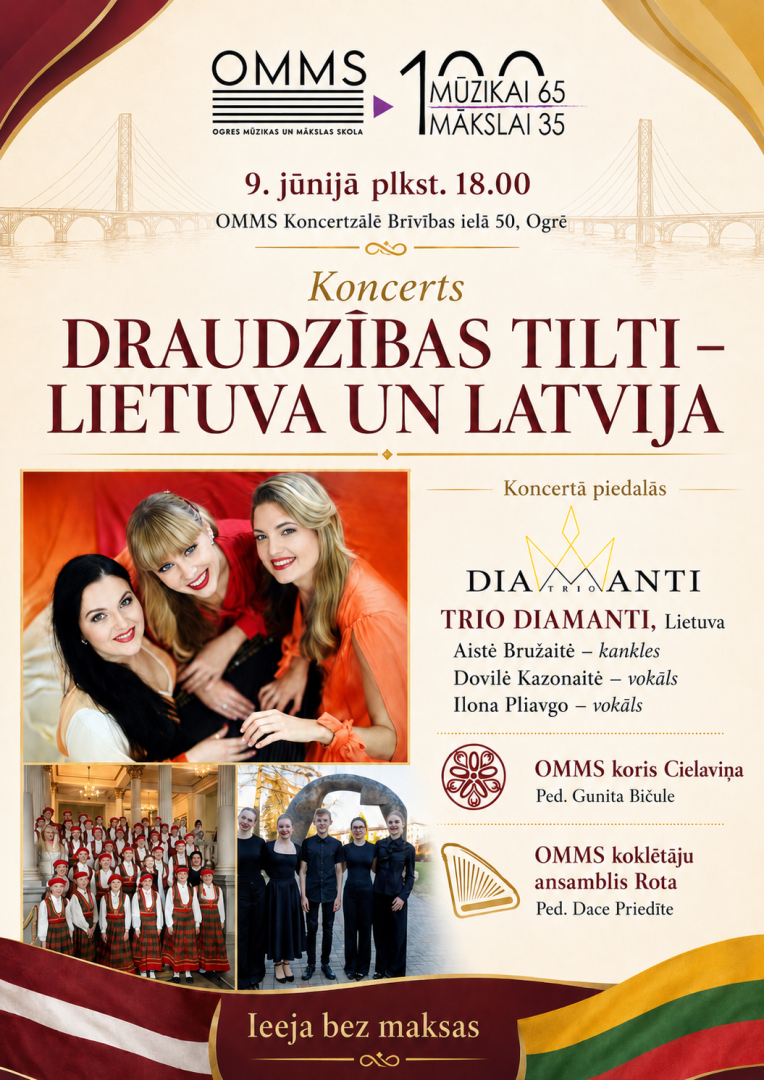 9. jūnijā plkst. 18.00 Ogres Mūzikas un mākslas skolas Koncertzālē Brīvības ielā 50, Ogrē, notiks koncerts "DRAUDZĪBAS TILTI - LIETUVA UN LATVIJA"  Uzstāsies: DIAmanti TRIO no LIETUVAS, OMMS koklētāju ansamblis "ROTA" un OMMS koris "CIELAVIŅA".
