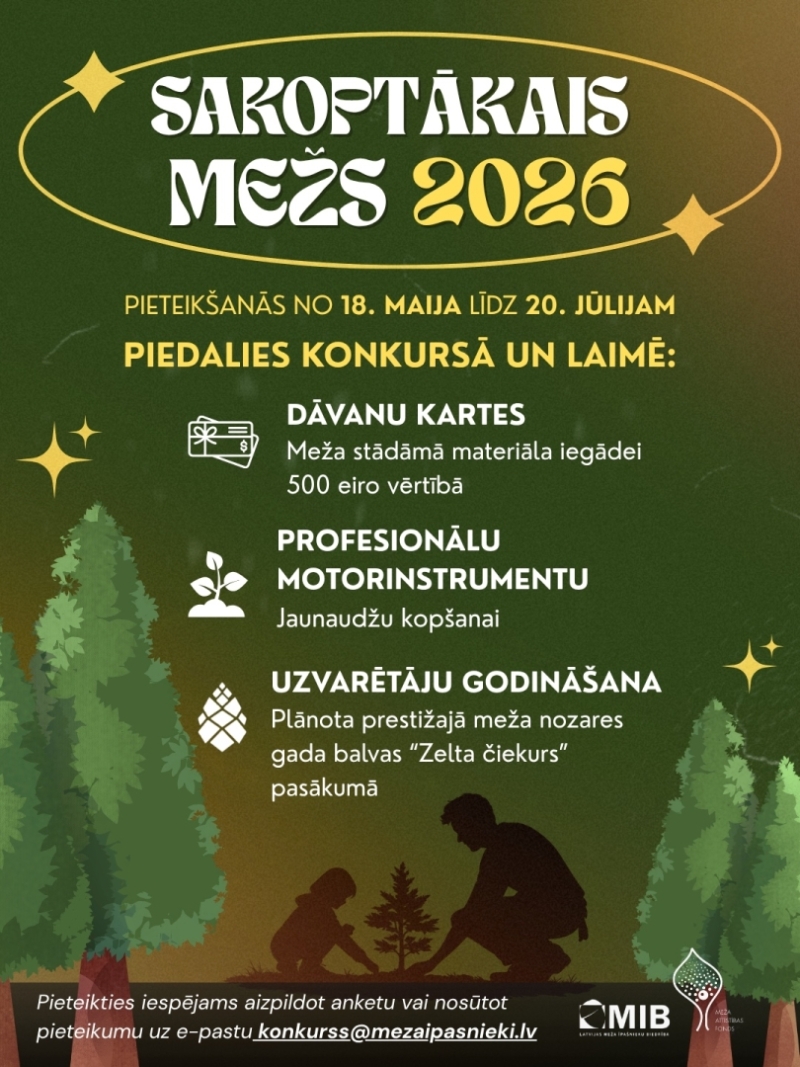 Konkurss "Sakoptākais mežs 2026". Pieteikšanās no 18. maija līdz 20. jūlijam. Balvā profesionāls instruments jaunaudžu kopšanai; 🔹 divas dāvanu kartes 500 eiro vērtībā meža stādāmā materiāla iegādei.