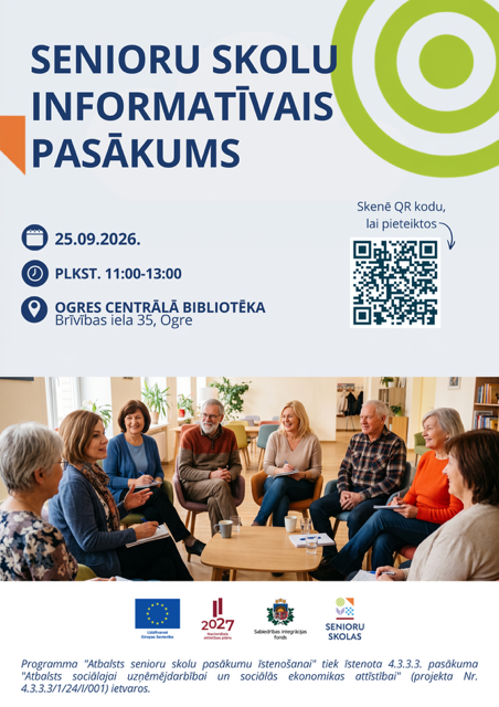 Atbalstot Senioru skolu darbības uzsākšanu Latvijā jau šajā rudenī, aicinām Jūs publicēt informāciju par  Vidzemes Senioru skolu informatīvo semināru OGRĒ 25.septembrī plkst.11:00 
