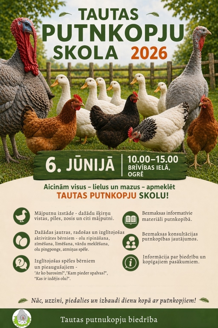 6. jūnijā 10.00 - 15.00 Brīvības ielas gājēju posmā (ielas nr. 22-32) Ģimenes dienas ietvaros Tautas putnkopju biedrība aicina gan mazus, gan lielus apmeklēt radošu, aktīvu, darbīgu un izglītojošus pasākumu "Tautas putnkopju skola 2026", ko biedrība organizē, izmantojot Ogres novada pašvaldības projektu konkursa ietvaros “R.A.D.I. – Ogres novadam” pašvaldības sniegto finansējumu.