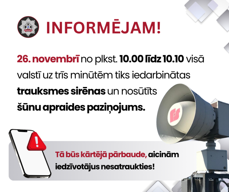 Trauksmes sirēnu pārbaudes plakāts