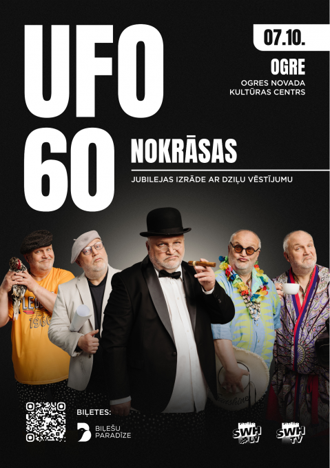 7. oktobrī plkst. 19.00 Ogres novada Kultūras centra Lielajā zālē.  Ufo jubileju atzīmēs ar humora izrādi “UFO 60 NOKRĀSAS”