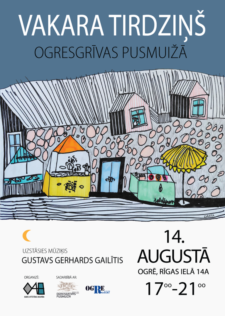 Afiša ar informāciju par Vakara tirdziņu 14. augustā no plkst. 17.00 Ogresgrīvas pusmuižas pagalmā