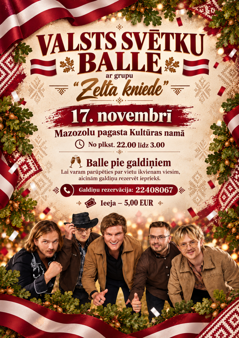 17.novembrī no plkst.22.00 līdz 3.00 Valsts svētku balle ar grupu “Zelta kniede” Galdiņu rezervācija (obligāta): 22408067 Ieeja 5,00EUR