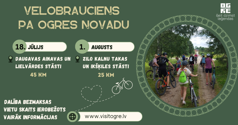 Ogres novada Kultūras un tūrisma pārvalde aicina 18. jūlijā un 1. augustā doties divos aizraujošos velo izbraucienos, kas ļaus iepazīt Ogres novada daudzveidīgās ainavas, kultūrvēsturisko mantojumu un iecienītākos apskates objektus.