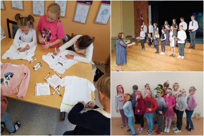 Kārļa Kažociņa Madlienas Mūzikas un mākslas skolas darbojas - zīmē, dzied, stāv dažādos tērpos 2023