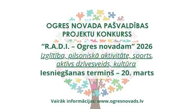Vizuāla informācija ar būtiskāko tekstu par projektu konkursu. Fonā - koks ar lapotni, kas veidota no maziem puzles gabaliņiem. 