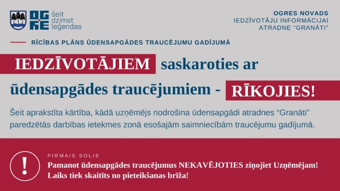 Pirmais solis – nekavējoties ziņot par traucējumiem Ja tiek novērotas izmaiņas ūdens kvalitātē, pieejamībā vai ūdensapgādes sistēmas darbībā, iedzīvotāji aicināti nekavējoties sazināties ar uzņēmēju un reģistrēt pieteikumu. Tas ir būtiski, jo visas turpmākās darbības un noteiktie reaģēšanas termiņi tiek uzsākti tieši no pieteikuma brīža. Pēc pieteikuma saņemšanas tiek iedarbināts konkrēts rīcības mehānisms, kura mērķis ir maksimāli ātri nodrošināt nepieciešamo ūdensapgādi cilvēku ikdienas vajadzībām, mājlop