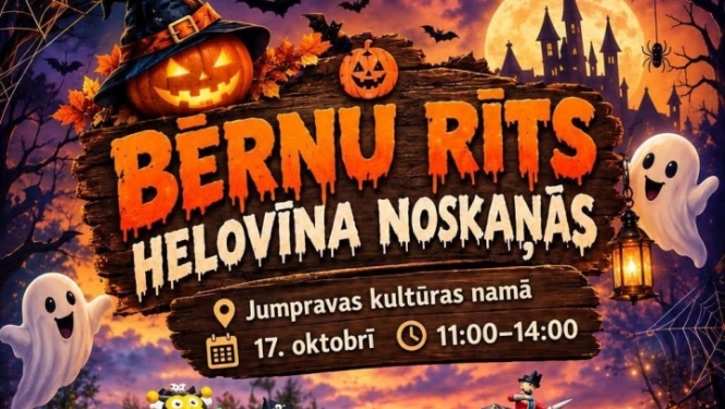 17. oktobrī plkst. 11.00 Jumpravas pagasta Kultūras namā Bērnu rīts.  Piepūšamās atrakcijas, lielformāta spēles, rokassprādžu meistarklase, tetovējumi, spēles un gardumi!  Biļetes cena 10 eiro  Darbosies uzkodu bufete ar saldajām un sāļajām uzkodām