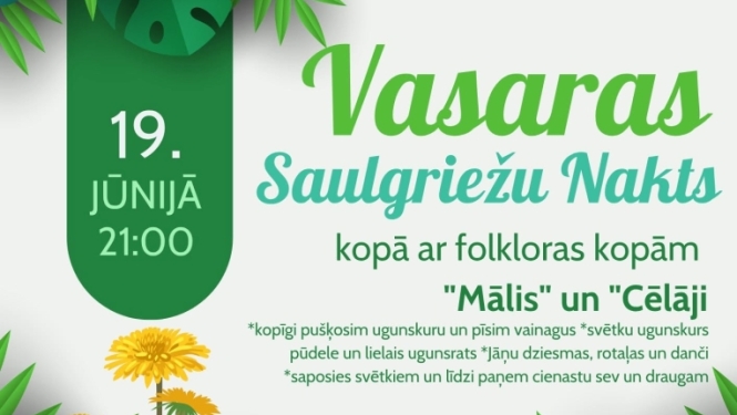 19. jūnijā no plkst 21.00 Vasaras Saulgriežu nakts Tīnūžu saliņā kopā ar folkloras kopām “Mālis” un “Cēlāji”.  Aicinām kopā ieskandināt gada īsāko nakti un sajust īsto Saulgriežu burvību!  Kopā ar folkloras kopām „Mālis” un „Cēlāji” pīsim vainagus, dziedāsim Jāņu dziesmas, iesim rotaļās un dejās, kā arī iedegsim svētku ugunskuru. Vakara gaitā taps arī ugunspudele un lielais ugunsrats.  Ņem līdzi svētku noskaņojumu, cienastu sev un draugam, un nāc baudīt vasaras maģiskāko vakaru kopā ar mums!