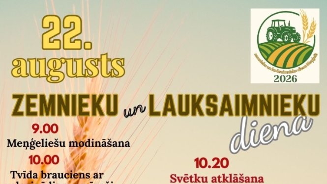 Afiša ar informāciju par pasākumu "Zemnieku un lauksaimnieku diena" Meņģelē 22. augustā