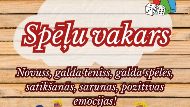No 28. oktobra trešdienās plkst. 18.00 spēļu vakari Ķeipenes Tautas namā.  Novuss, galda teniss, galda spēles, satikšanās, sarunas, pozitīvas emocijas!  Līdzi jāņem maiņas apavi!