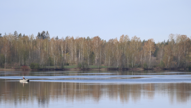 Pavasara skats pāri Daugavai ar bērziem otrā krastā un laivu uz upes