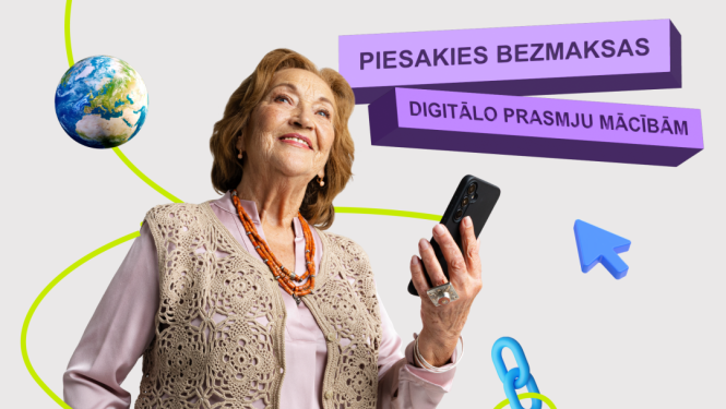 Digitālo prasmju bezmaksas apmācības Ogres novadā. Vizuālis ar dāmu gados, kura smaidīga tur rokā mobilo tālruni
