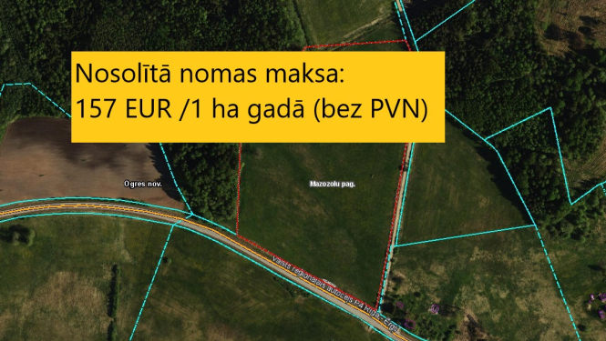 Karte ar informāciju uz tās - nosolītā nomas maksa 157 eiro par vienu hektāru gadā bez PVN