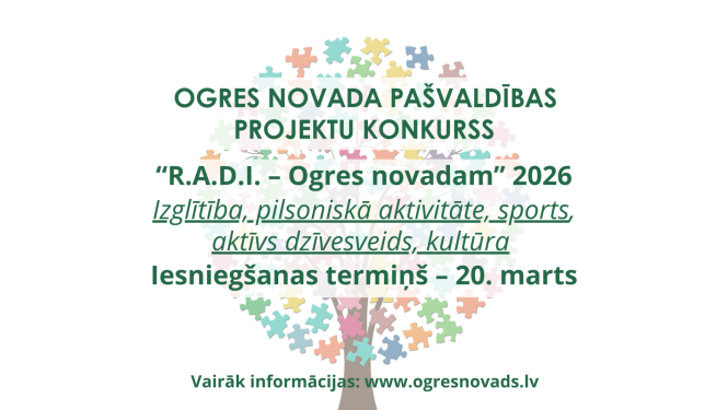 Vizuāla informācija ar būtiskāko tekstu par projektu konkursu. Fonā - koks ar lapotni, kas veidota no maziem puzles gabaliņiem. 