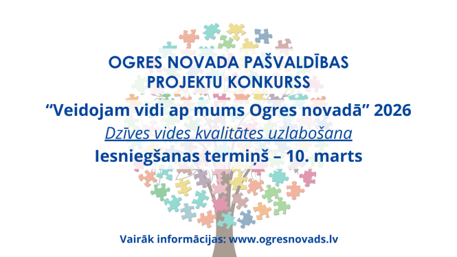 Vizuāla informācija ar būtiskāko tekstu par projektu konkursu. Fonā - koks ar lapotni, kas veidota no maziem puzles gabaliņiem. 