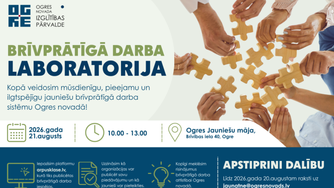 Afiša par pasākumu "Brīvprātīgā darba laboratorija" 21. augustā Ogres Jauniešu mājā