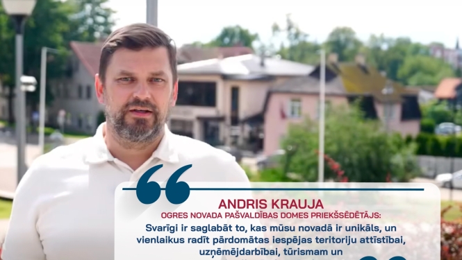 Ogres novada pašvaldības domes priekšsēdētāja A. Kraujas attēls un citāts: "Svarīgi ir saglabāt to, kas mūsu novadā ir unikāls, un vienlaikus radīt pārdomātas iespējas teritoriju attīstībai, uzņēmējdarbībai, tūrismam un kvalitatīvai atpūtai.