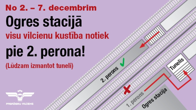 Līdz 7. decembrim Ogres stacijā visu vilcienu kustība notiek pie 2. perona