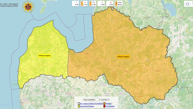 Plānotu negaisu dēļ Oranžais brīdinājums 2026. gada 11. jūnijā