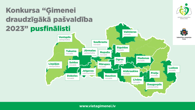 Latvijas karte ar konkursa "Ģimenei draudzīgākā pašvaldība 2023" pusfinālistiem