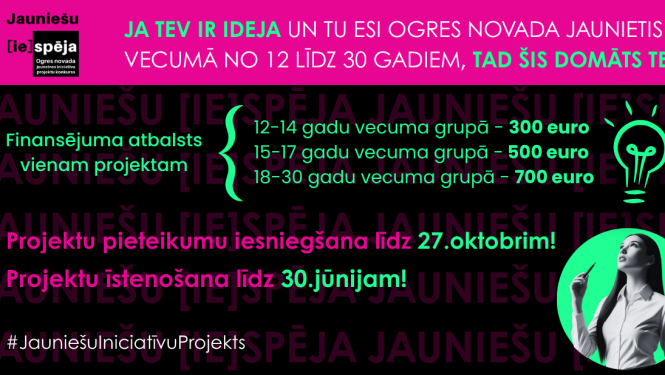 Ogres novada Izglītības pārvalde izsludina pieteikšanos jauniešu iniciatīvu projektu konkursam “Jauniešu [ie]spēja”, aicinot Ogres novada jauniešus īstenot savas idejas un radīt pozitīvas pārmaiņas savā skolā, pilsētā, pagastā vai kopienā.