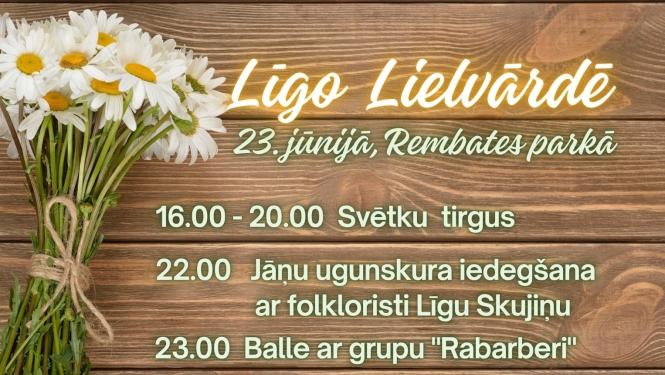 Līgo Lielvārdē - 23. jūnijā Rembates parkā. 16.00-20.00 svētku tirgus, 22.00 Jāņu ugunskura iedegšana ar folkloristi Līgu Skujiņu, 23.00 Balle ar grupu "Rabarberi". Ieeja bez maksas.