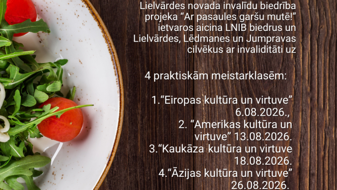 Afiša ar informāciju par meistarklašu ciklu, fona attēlā - šķīvis ar zaļo lapu salātiem uz koka galda virsmas