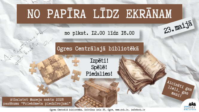 23. maijā no plkst. 12.00 līdz 16.00 arī Ogres Centrālajā bibliotēkā notiks Muzeju naktij veltītas aktivitātes. Šī gada Muzeju nakts tēma ir “Priekšmetu piedzīvojumi”. Kādi priekšmeti raksturīgi bibliotēkai? Kā šo priekšmetu dzīve un pielietojums mainījies gadu gaitā? Aicinām ciemos gan lielus, gan mazus pētniekus uz izzinošu pasākumu “No papīra līdz ekrānam”. Ieeja – bez maksas.