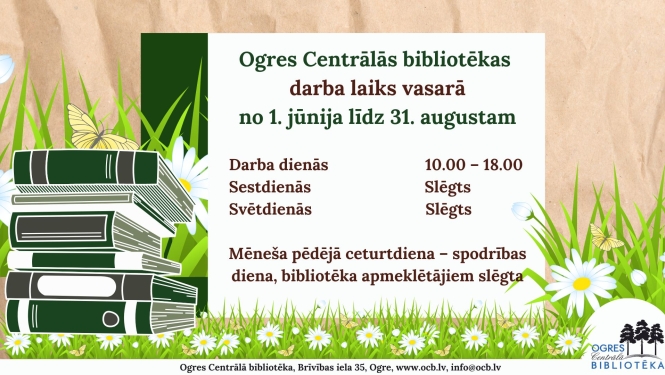 Informējam, ka no šī gada 1. jūnija līdz 31. augustam Ogres Centrālā bibliotēka strādā pēc vasaras darba laika: •	Darba dienās no plkst. 10.00 līdz 18.00 •	Sestdienās un svētdienās slēgts. •	Mēneša pēdējā ceturtdiena – spodrības diena, kad bibliotēka apmeklētajiem ir slēgta. Tiekamies bibliotēkā!