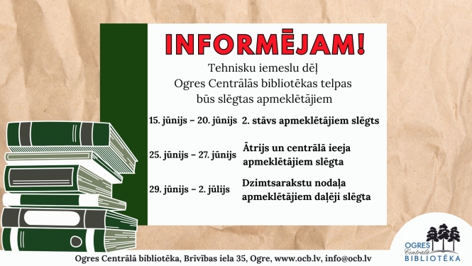 Ogres Centrālā bibliotēka informē, ka tehnisku iemeslu dēļ atsevišķos laika periodos noteiktas Ogres Centrālās bibliotēkas telpas un ēkas daļas būs slēgtas apmeklētājiem:  15. jūnijs – 20. jūnijs: Ogres Centrālās bibliotēkas ēkas 2. stāvs;  25. jūnijs – 27. jūnijs: ēkas ātrijs un centrālā ieeja;  29. jūnijs – 2. jūlijs: Dzimtsarakstu nodaļa daļēji slēgta.  Ogres Centrālā bibliotēka atvainojas par sagādātajām neērtībām!