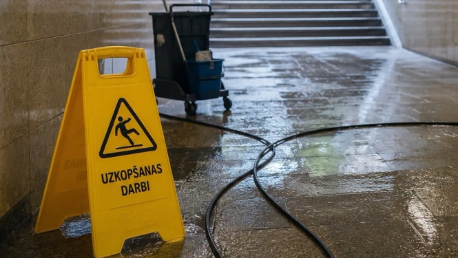 Tuneļa uzkopšanas darbi, priekšplānā - dzeltena zīme ar brīdinājumu par mitru segumu