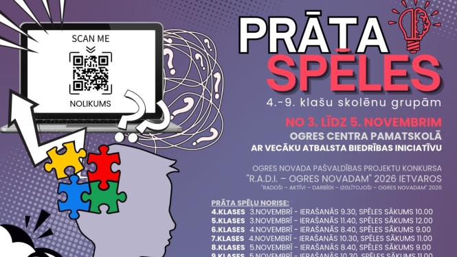 Afiša "Prāta spēles 4.-9. klašu skolēnu grupām no 3. līdz 5. novembrim Ogres Centra pamatskolā"