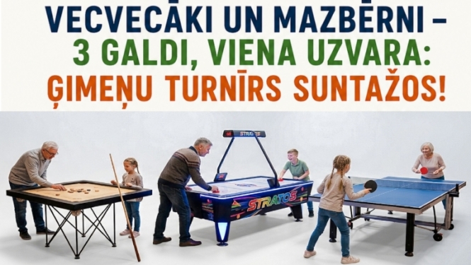 9. augustā plkst. 10.00 Suntažu pamatskolā ģimeņu turnīrs! Vecvecāki un mazbērni – 3 galdi, viena uzvara! Reģistrācija no plkst. 9.00  Aicinām vecvecākus un mazbērnus veidot kopīgu komandu un piedalīties aizraujošā starppaaudžu turnīrā. Tā ir lieliska iespēja aktīvi pavadīt laiku kopā, stiprināt ģimenes saikni, gūt pozitīvas emocijas un pārbaudīt savas prasmes draudzīgā sacensību gaisotnē.